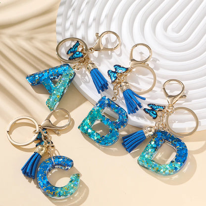 Royal Blue Butterfly Initial Keychain - Alloy Alphabet Letter & Tassel Backpack Charm