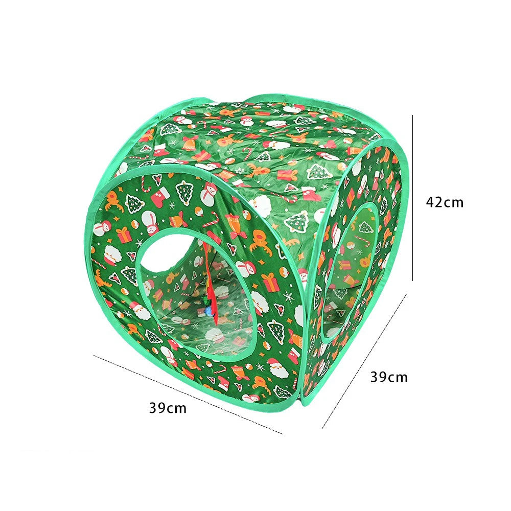 Christmas Cat Tunnel for Indoor Cats – Foldable Green Interactive Pet Play Tunnel for Kittens, Breathable Cat Exercise Toy