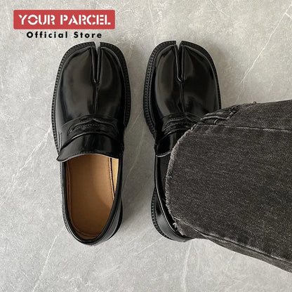 Men’s Split Toe Tabi Loafers – Thick Sole Patent Leather Casual Korean Trend Shoes