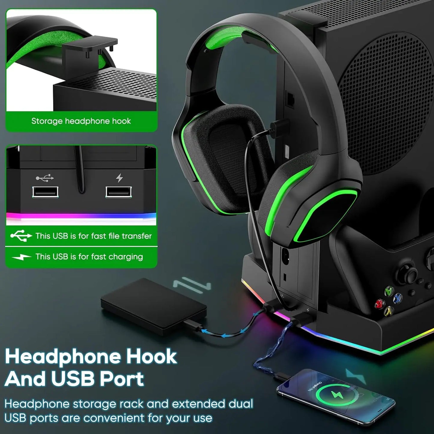IPEGA Cooling Fan Stand for Xbox Series S – Controller Charging Dock with 15 RGB Lights, Headset Hook, and Charging Station