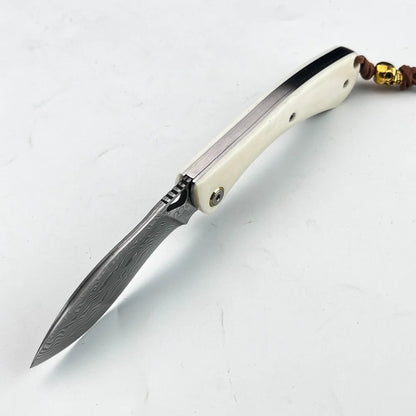 Higonokami Damascus Steel Folding Knife - Bone Handle Camping & Slicing Tool