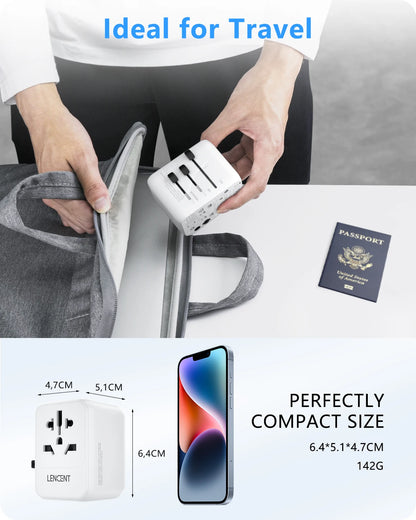 LENCENT Universal Travel Adapter with 3 USB Ports & Type-C PD Charging - EU/UK/USA/AUS Plug, All-in-One Travel Charger
