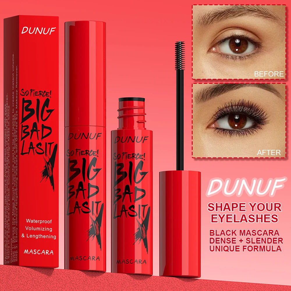 DUNUF Long Lasting Waterproof Mascara - Curling, Thickening & Smudge-Proof Eyelash Makeup for Beginners
