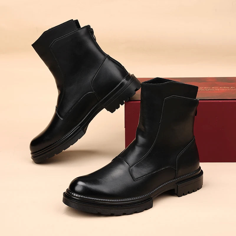 Men’s Genuine Leather Chelsea Boots - British Style Platform Cowboy Motorcycle Shoes