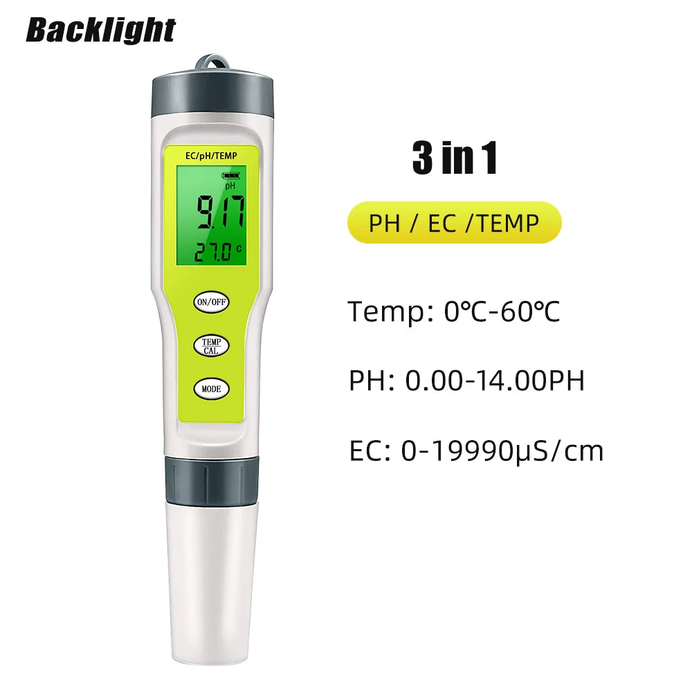 Waterproof PH Meter - PH/TDS/EC/Temp Digital Water Quality Monitor with Backlight for Pools, Drinking Water & Aquariums