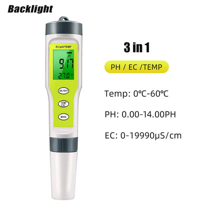 Waterproof PH Meter - PH/TDS/EC/Temp Digital Water Quality Monitor with Backlight for Pools, Drinking Water & Aquariums