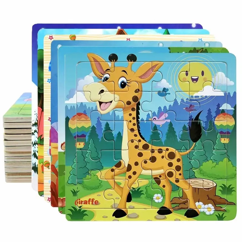 20PCS Wooden 3D Cartoon Animal & Vehicle Puzzle – Montessori Educational Jigsaw Toys for Kids Ages 1–3