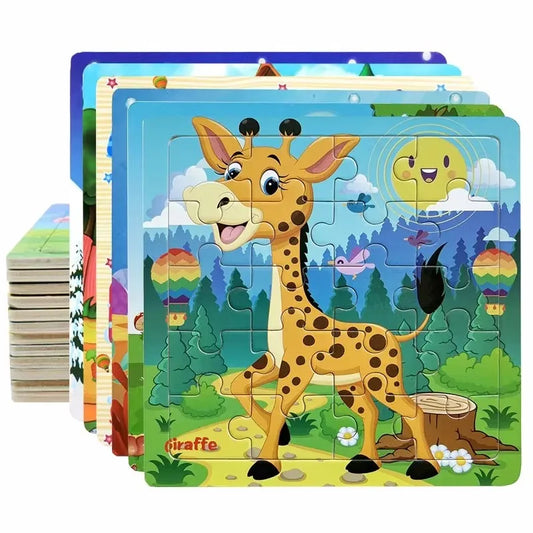 20PCS Wooden 3D Cartoon Animal & Vehicle Puzzle – Montessori Educational Jigsaw Toys for Kids Ages 1–3