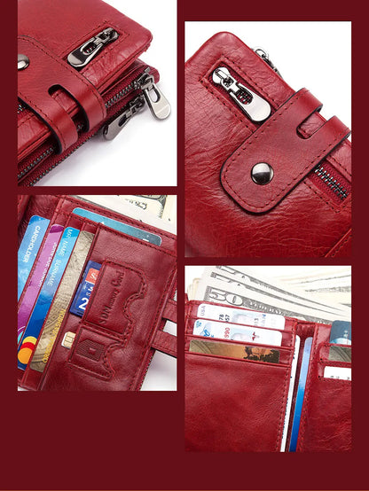 Fashion Women’s Leather Wallet — Genuine Leather Clutch with Hasp & Double Zipper, Short Coin Pocket and ID Card Holder Purse