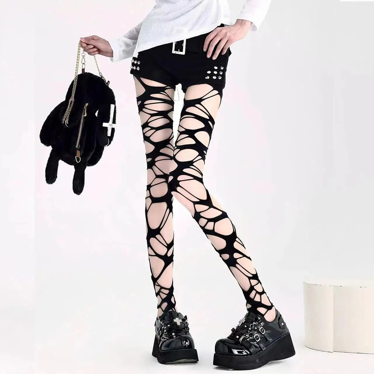 Gothic Punk Fishnet Stockings - Y2K Black Distressed Hole Pantyhose for Women