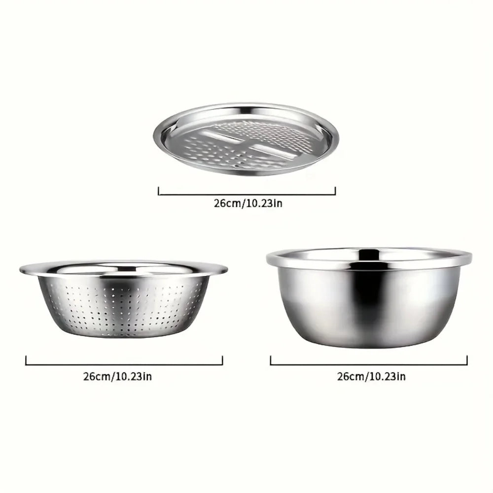 3-Piece Stainless Steel Mixing Bowl & Strainer Set – Multifunctional for Washing, Slicing & Prepping Fruits & Vegetables