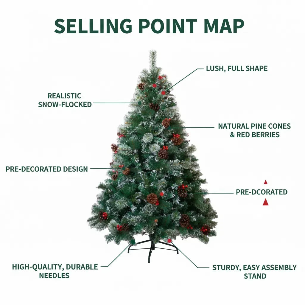 6/7FT Realistic Green Artificial Christmas Tree – Unlit with Pinecones & Holly Berries, Quick Setup with Metal Stand