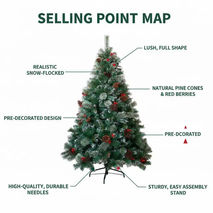 6/7FT Realistic Green Artificial Christmas Tree – Unlit with Pinecones & Holly Berries, Quick Setup with Metal Stand
