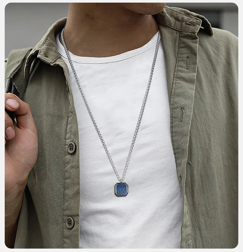 Vnox Stylish Men's Square Natural Stone Necklace - Stainless Steel Geometric Polygon Pendant, Casual Punk Jewelry Gift