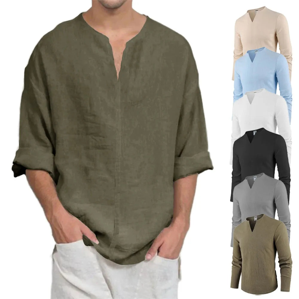 Men’s Cotton Linen V-Neck T-Shirt - Lightweight Breathable Long Sleeve Casual Solid Color Comfort Top