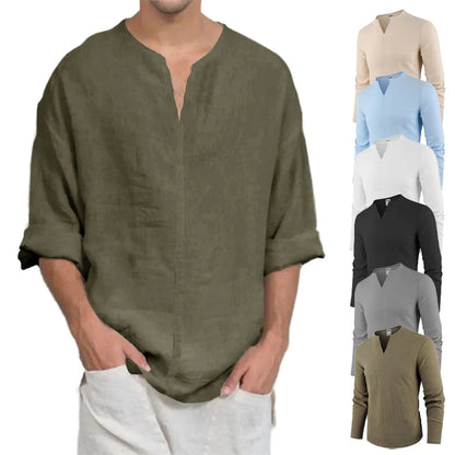 Men’s Cotton Linen V-Neck T-Shirt - Lightweight Breathable Long Sleeve Casual Solid Color Comfort Top