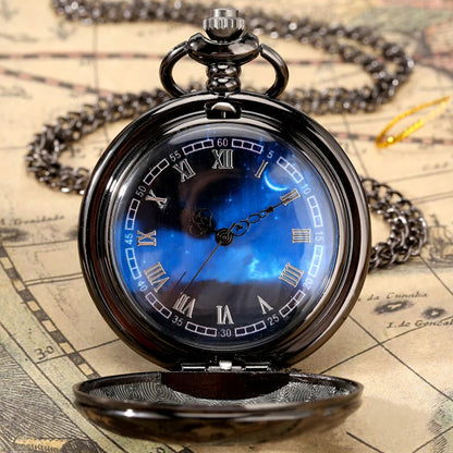 Starry Blue Dial Quartz Pocket Watch - Black & Silver Hollow Pendant Watch with Roman Numerals for Men, Women & Kids
