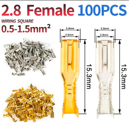 100PCS 2.8/4.8/6.3mm Male & Female Crimp Terminal Connectors – Gold & Silver Wire Connectors for Car & Electronics