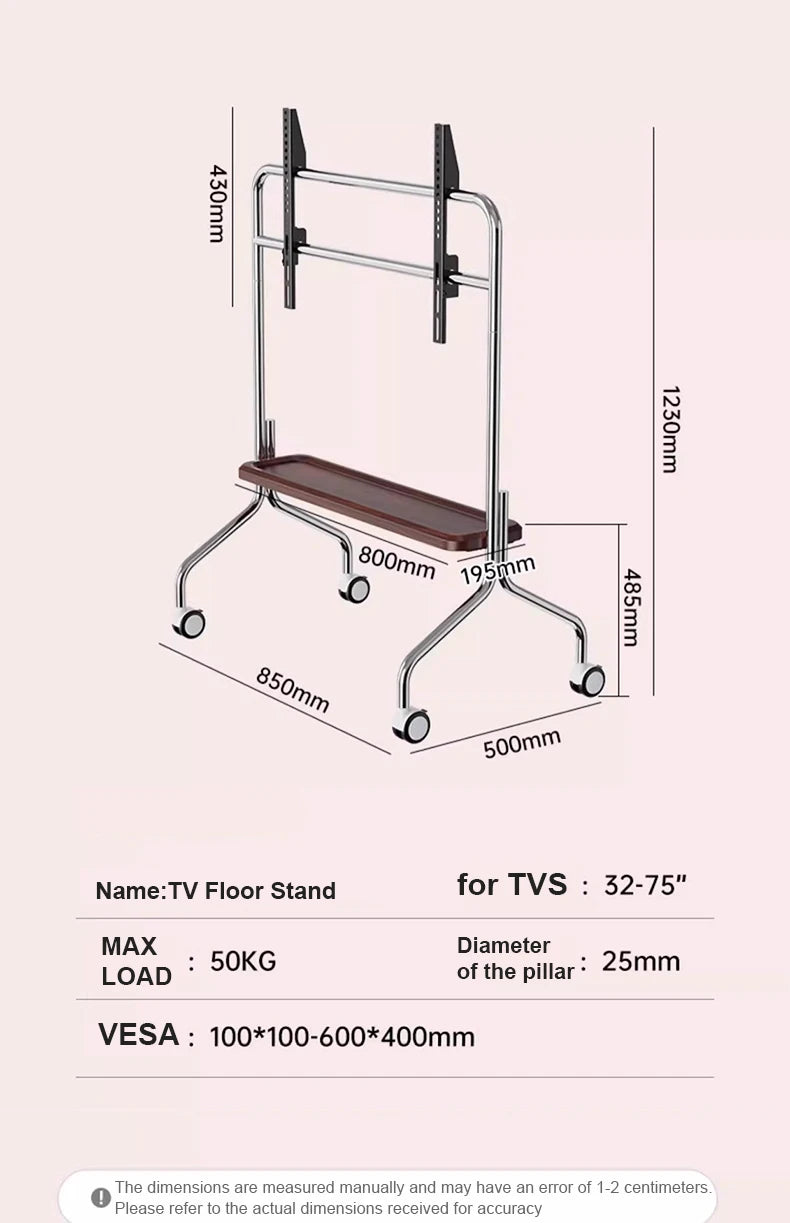 Rolling TV Stand on Wheels – Mobile Cart for 32–75in LCD & LED Flat/Curved TVs, Holds 110lbs, VESA 600x400mm