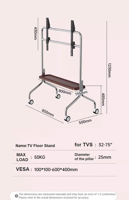 Rolling TV Stand on Wheels – Mobile Cart for 32–75in LCD & LED Flat/Curved TVs, Holds 110lbs, VESA 600x400mm