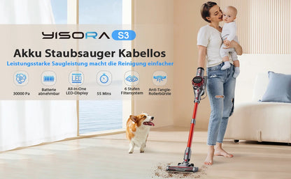 YISORA Cordless Vacuum Cleaner – 28Kpa Suction, 55 Min Runtime, Wireless with Touchscreen for Pet Hair & Carpet Cleaning