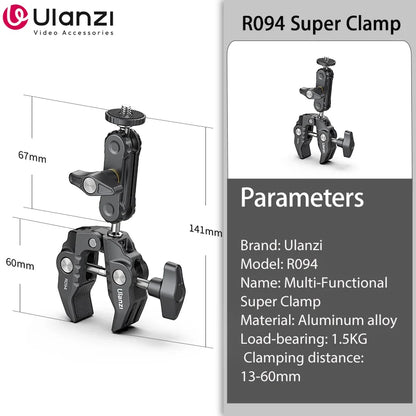 Ulanzi R094 Metal Super Clamp with 360° Ball Head Magic Arm, 1/4" & 3/8" Holes for DSLR Camera, Monitor, Light, Mic, and Rod Mount