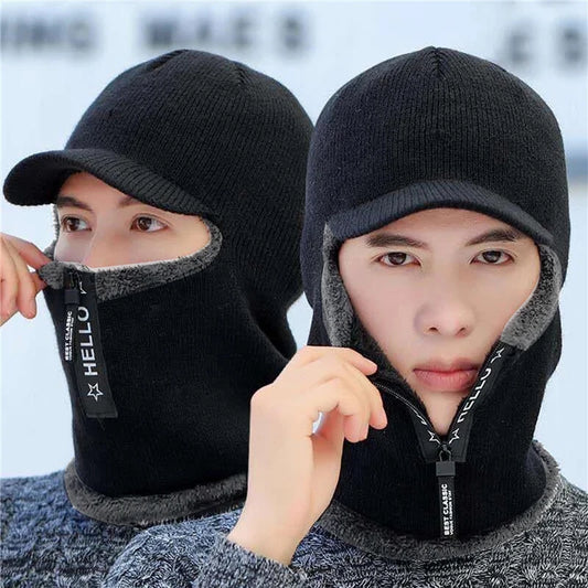 New Men's Winter Wool Hat with Ear Protection - Warm Thick Knitted Cap with Scarf and Windproof Visor for Outdoor Activities