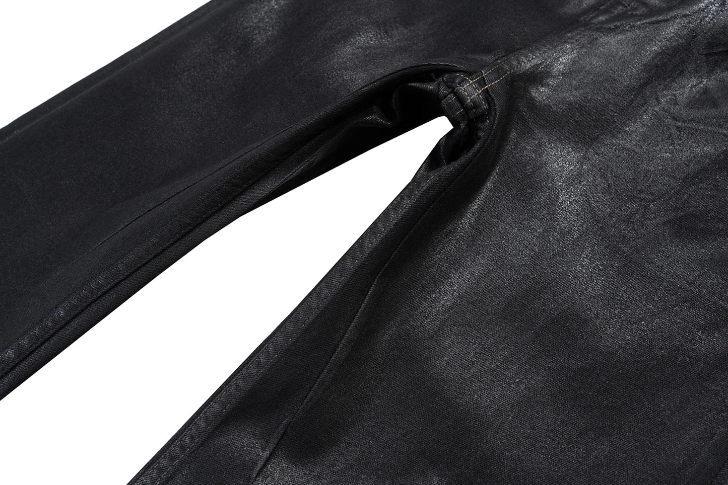 Men’s Streetwear Black Wax Leather Stretch Jeans — Baggy Y2K Flare Oversized Straight Denim Trousers