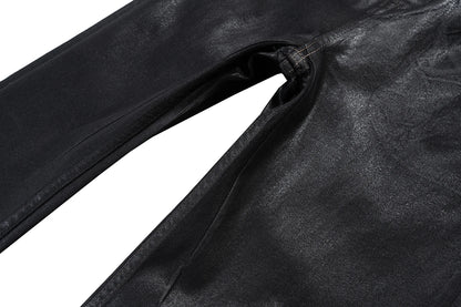 Men’s Streetwear Black Wax Leather Stretch Jeans — Baggy Y2K Flare Oversized Straight Denim Trousers