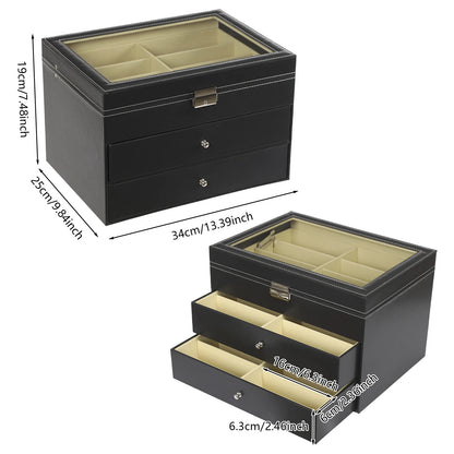 3-Layer Leather Glasses Organizer with Drawer – 24 Slot Sunglasses Display & Storage Case Rust-Resistant