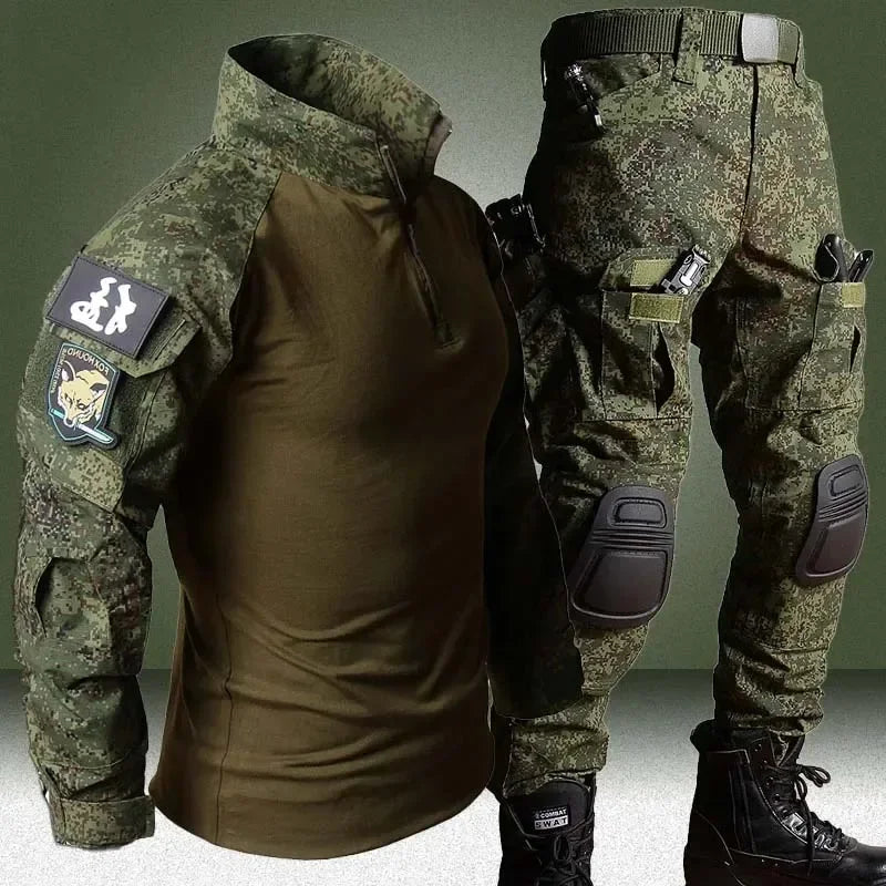 Men’s RU Camo Tactical Outfit Set - 2-Piece Breathable Long Sleeve Shirt and Multi-Pocket Cargo Pants for Outdoor Training and Combat Wear