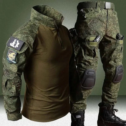 Men’s RU Camo Tactical Outfit Set - 2-Piece Breathable Long Sleeve Shirt and Multi-Pocket Cargo Pants for Outdoor Training and Combat Wear