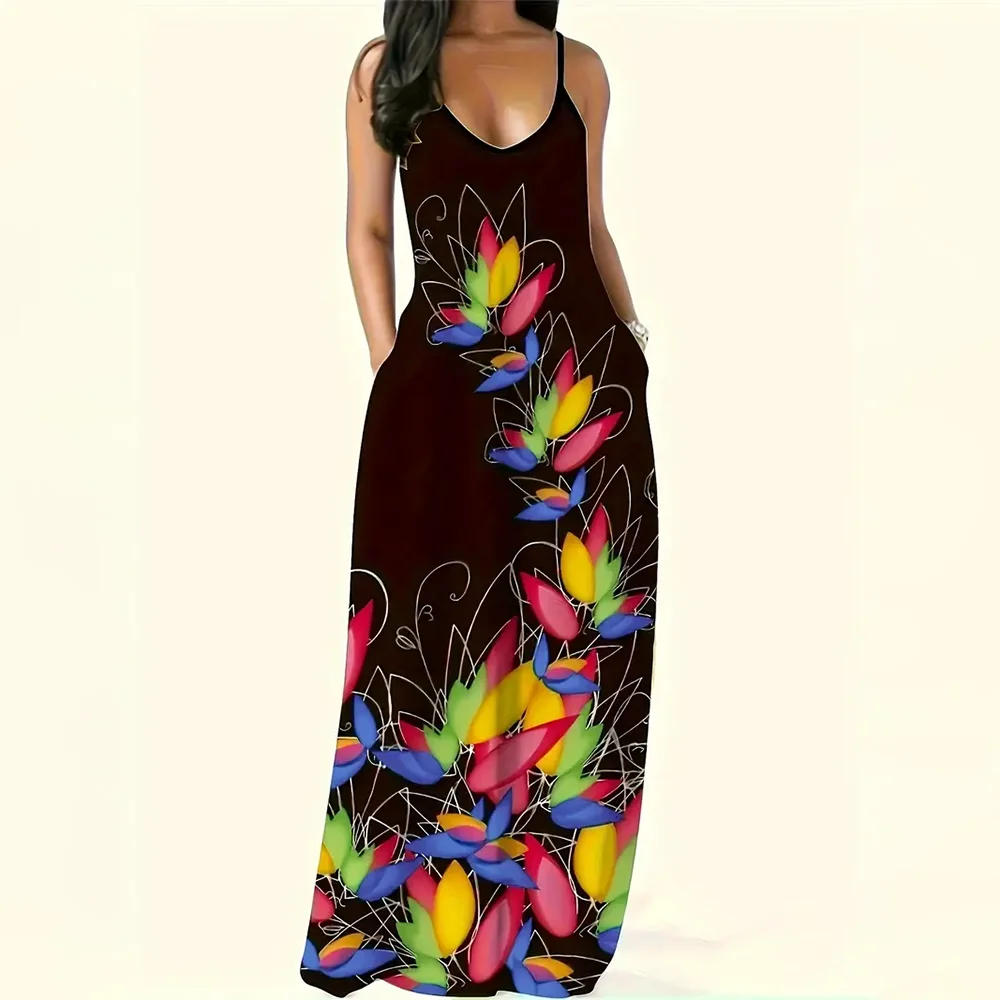 Women’s Summer 3D Butterfly Print Dress – Black & White Sleeveless Spaghetti Strap Loose Long Vest Dress, Plus Size Vintage Style