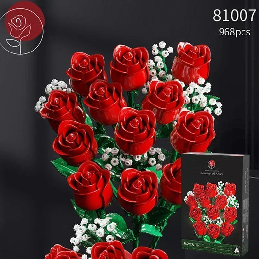 968PCS Romantic Rose Flower Bouquet Building Blocks – Creative DIY Home Desk Plant Decoration Toy for Girls & Ladies