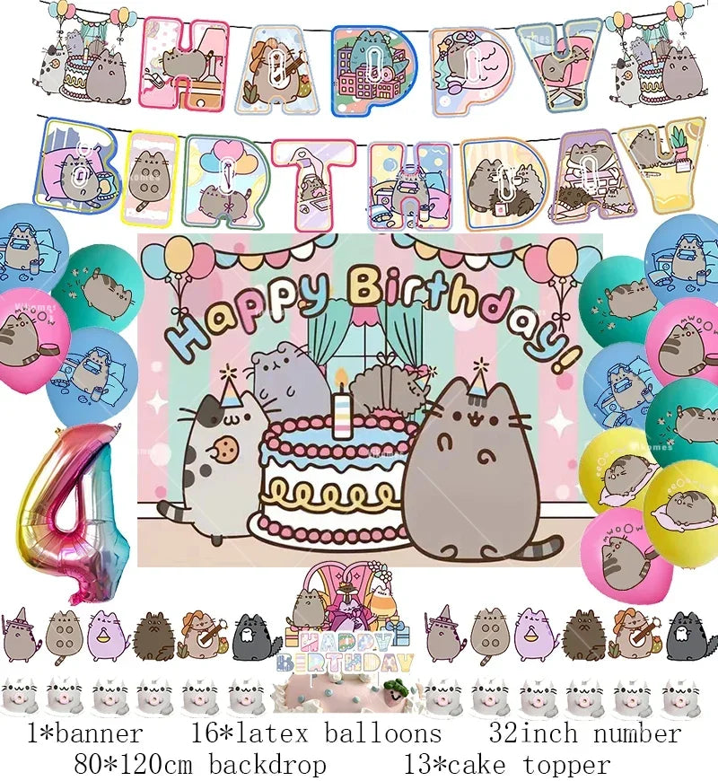 Pusheen Cat Birthday Party Decorations - Cartoon Pet Theme Balloons, Banner, Backdrop, Cake Topper, and Baby Shower Stickers