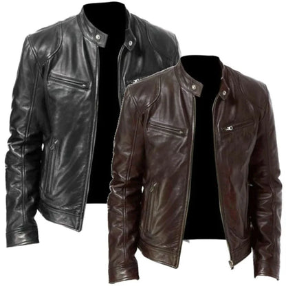 Men’s Slim Fit Motorcycle Leather Jacket – Short Lapel PU Zipper Windproof Coat for Autumn