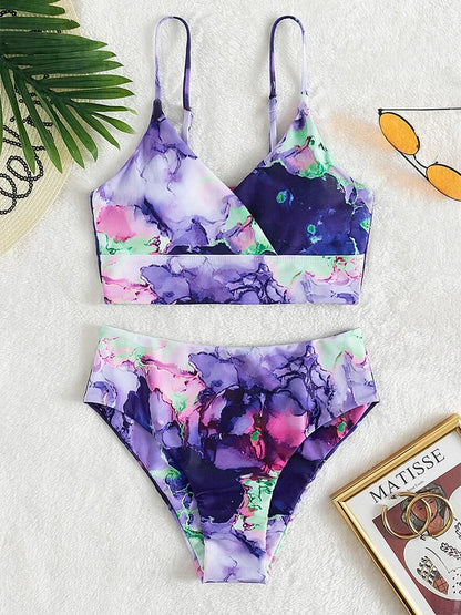 Women’s Marble Print Bandeau Bikini Set - Push Up High Waist Sport Swimsuit Beachwear