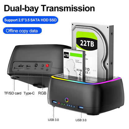 7-in-1 Dual Bay Hard Drive Docking Station USB 3.0 – 5Gbps SATA HDD/SSD Clone Enclosure for 2.5" & 3.5" Drives, TF/SD Card Reader
