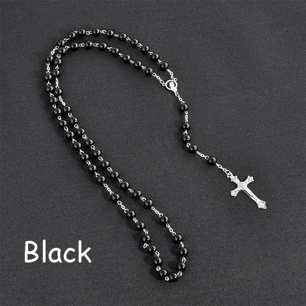 Vintage Crucifix Cross Necklace – Jesus Rosary Beads Chain with Virgin Mary Pendant Religious Jewelry Charm for Men & Women