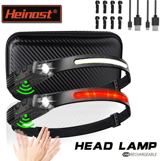 USB Rechargeable LED Sensor Headlamp - XPE + COB Head Torch Flashlight for Camping, Fishing & Outdoor Search Lighting