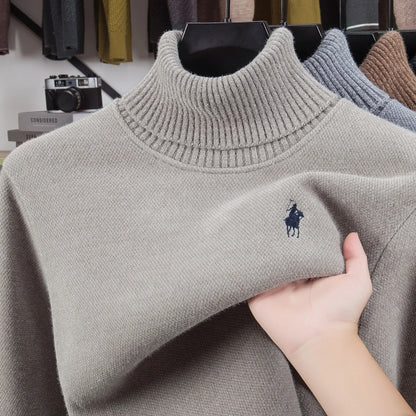 Men's Velvet High Neck Sweater - Luxury Pony Embroidery Thick Warm Winter Knitted Pullover