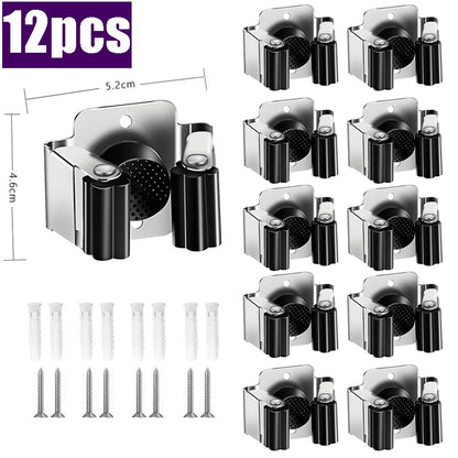 Stainless Steel Mop Clip Holder — Wall-Mounted Broom & Brush Hanger Rack for Kitchen & Bathroom Organization