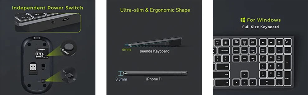 Backlit Wireless Keyboard and Mouse Combo – 2.4G USB Rechargeable Silent Full-Size Slim Set