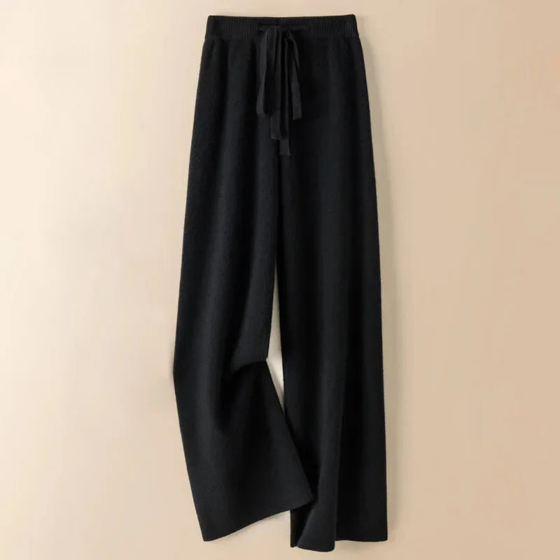 Thick Warm Knitted Pants - Women's High Waist Soft Elastic Straight Leg Ankle-Length Korean Fashion Trousers