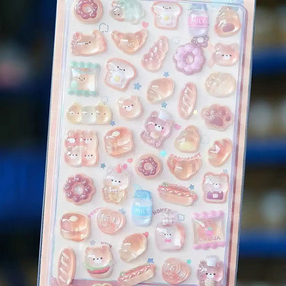 Kawaii 3D Jelly Resin Stickers - Cute Sparkling Transparent Cartoon Decals for Scrapbooking and DIY Decor