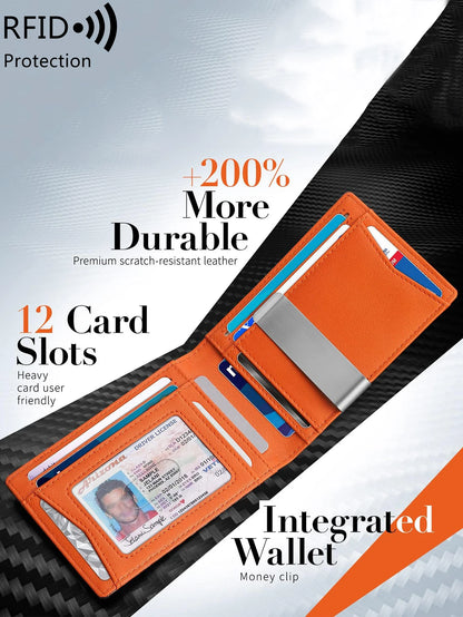 Minimalist Men's RFID Blocking Wallet | Ultra-Thin 12-Card Holder | Front Pocket Bi-Fold Solid Color