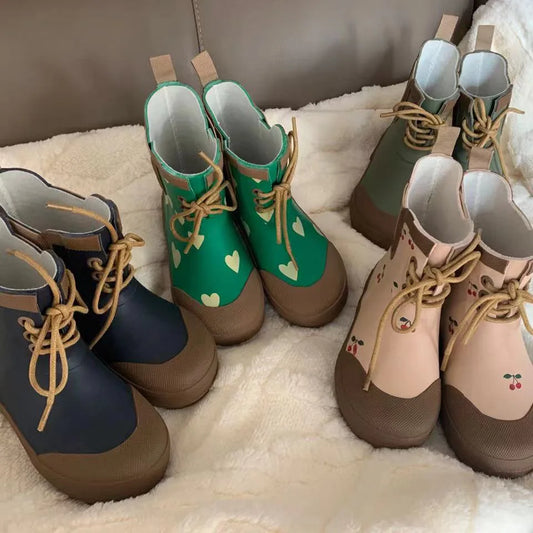 Kids Soft Rubber Rain Boots – Waterproof Lace-Up Mid-Calf Anti-Slip Shoes for Boys & Girls