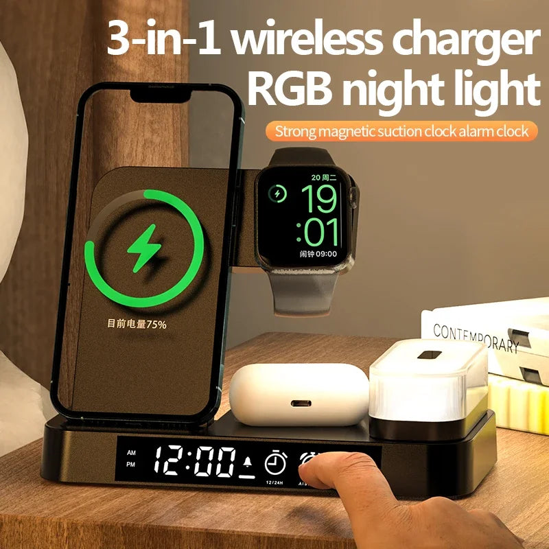 30W 3 in 1 Wireless Charger Stand with Alarm Clock and Night Light - Fast Charging Pad for iPhone, Samsung Galaxy, and iWatch