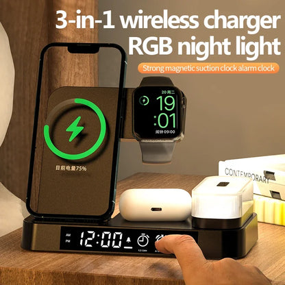 30W 3 in 1 Wireless Charger Stand with Alarm Clock and Night Light - Fast Charging Pad for iPhone, Samsung Galaxy, and iWatch