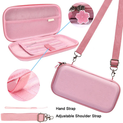 Pink Sakura Flower Shell Portable Carry Bag: For Switch OLED PU Waterproof Pouch Case Storage Cover Box for Nintendo Switch
